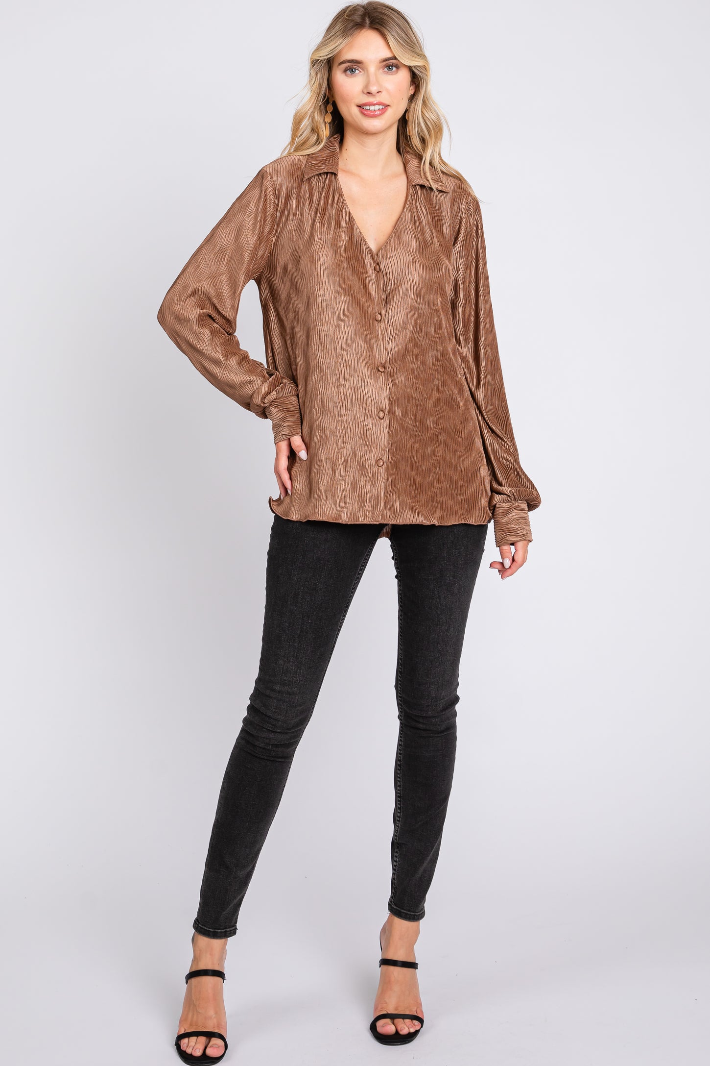 Mocha Wavy Pleated Button Up Blouse