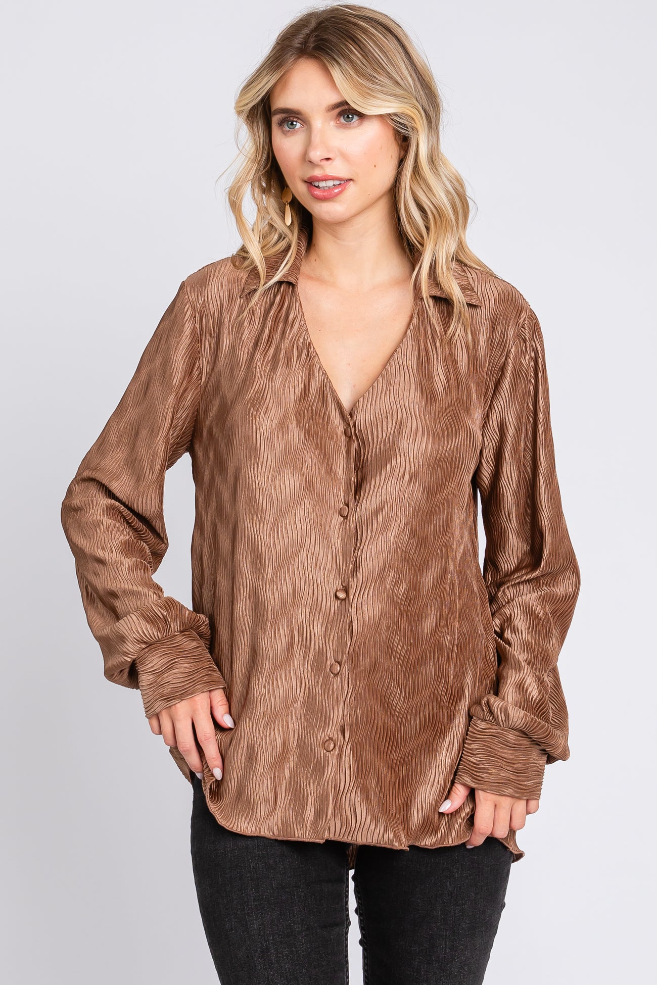 Mocha Wavy Pleated Button Up Maternity Blouse