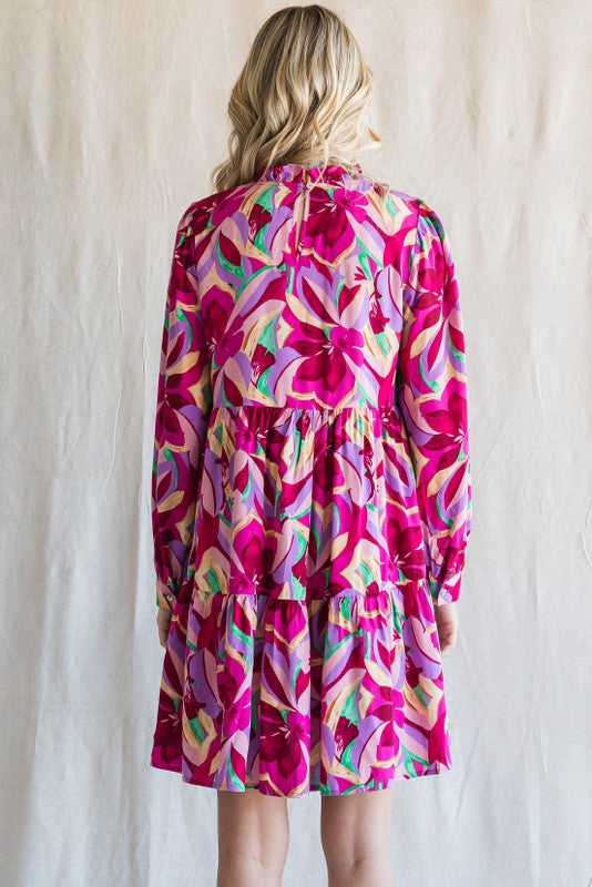 Magenta Floral Ruffle Mock Neck Dress