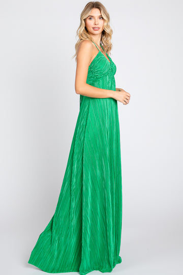 Green Plisse Halter Back Tie Maxi Dress