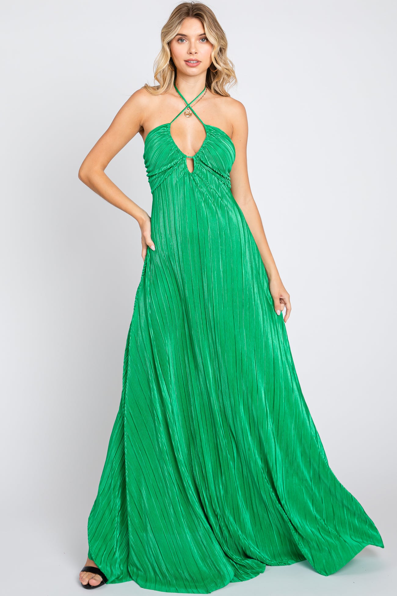 Green Plisse Halter Back Tie Maxi Dress