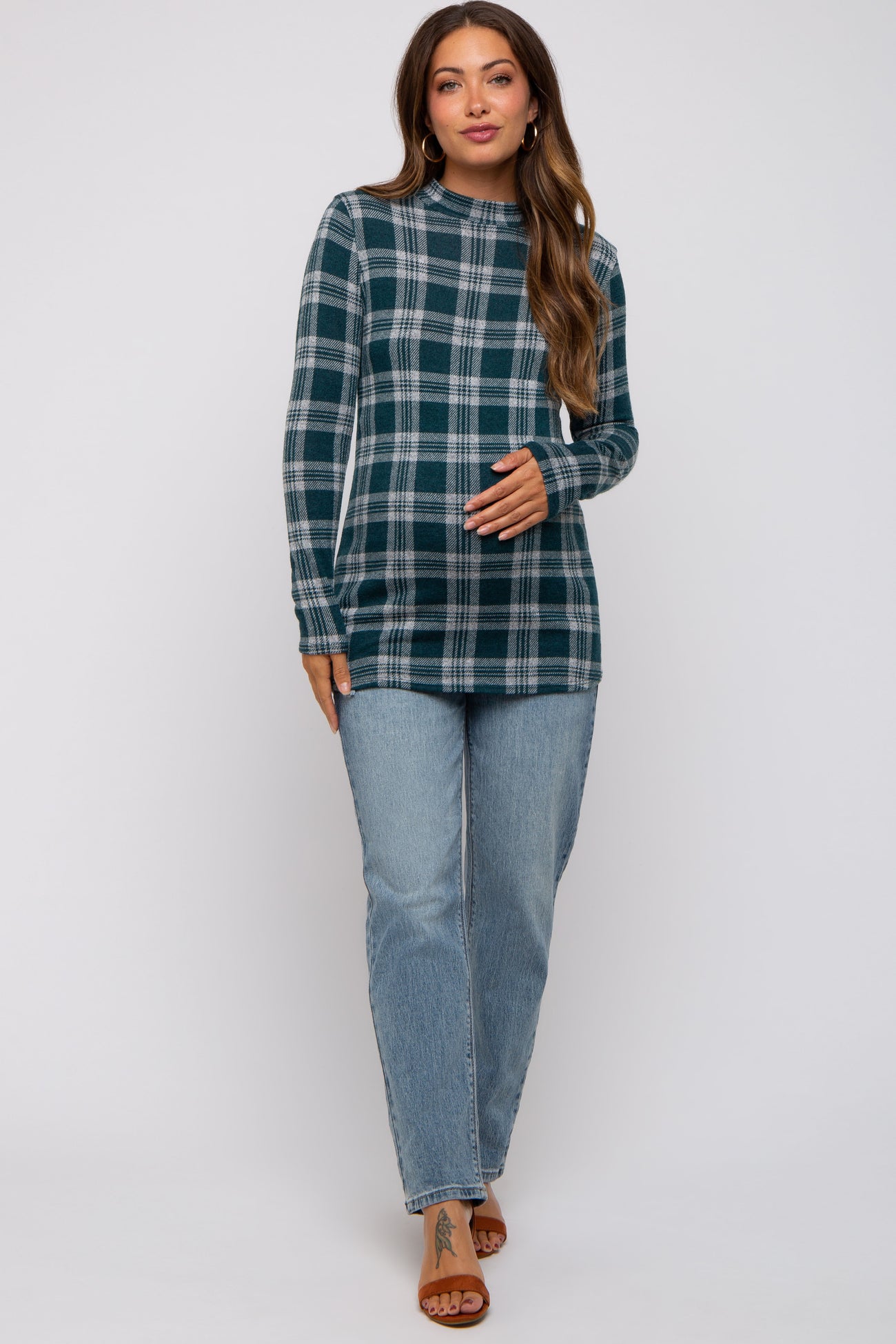 Green Plaid Mock Neck Brushed Long Sleeve Maternity Top