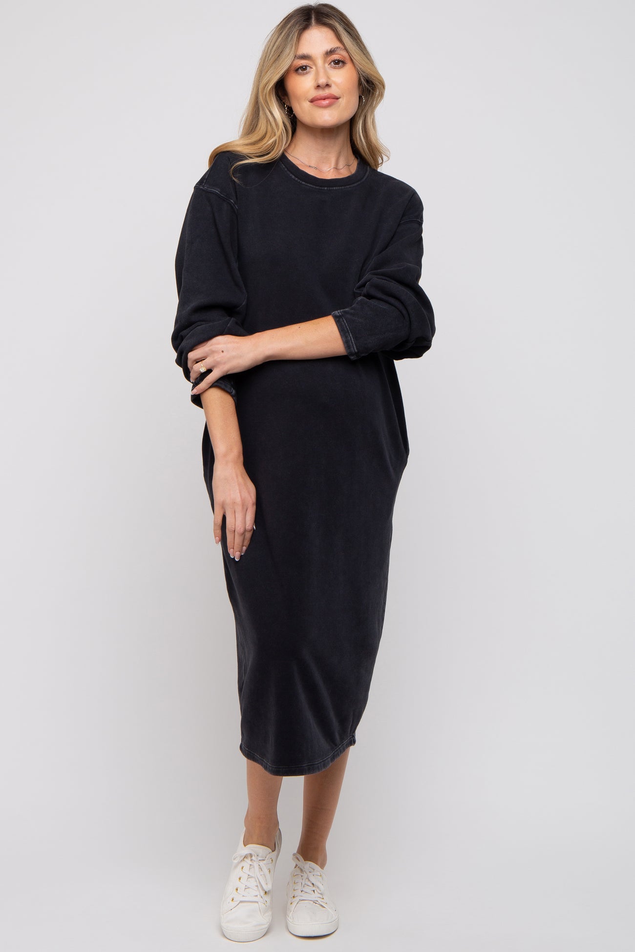 Black Oversized Maternity Sweatshirt Midi Dress