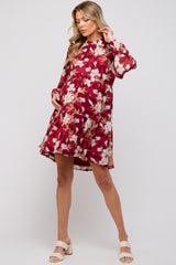 Burgundy Floral Chiffon Ruffle Mock Neck Tiered Maternity Dress