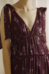 Plum Floral Tiered Shoulder Tie Maxi Dress