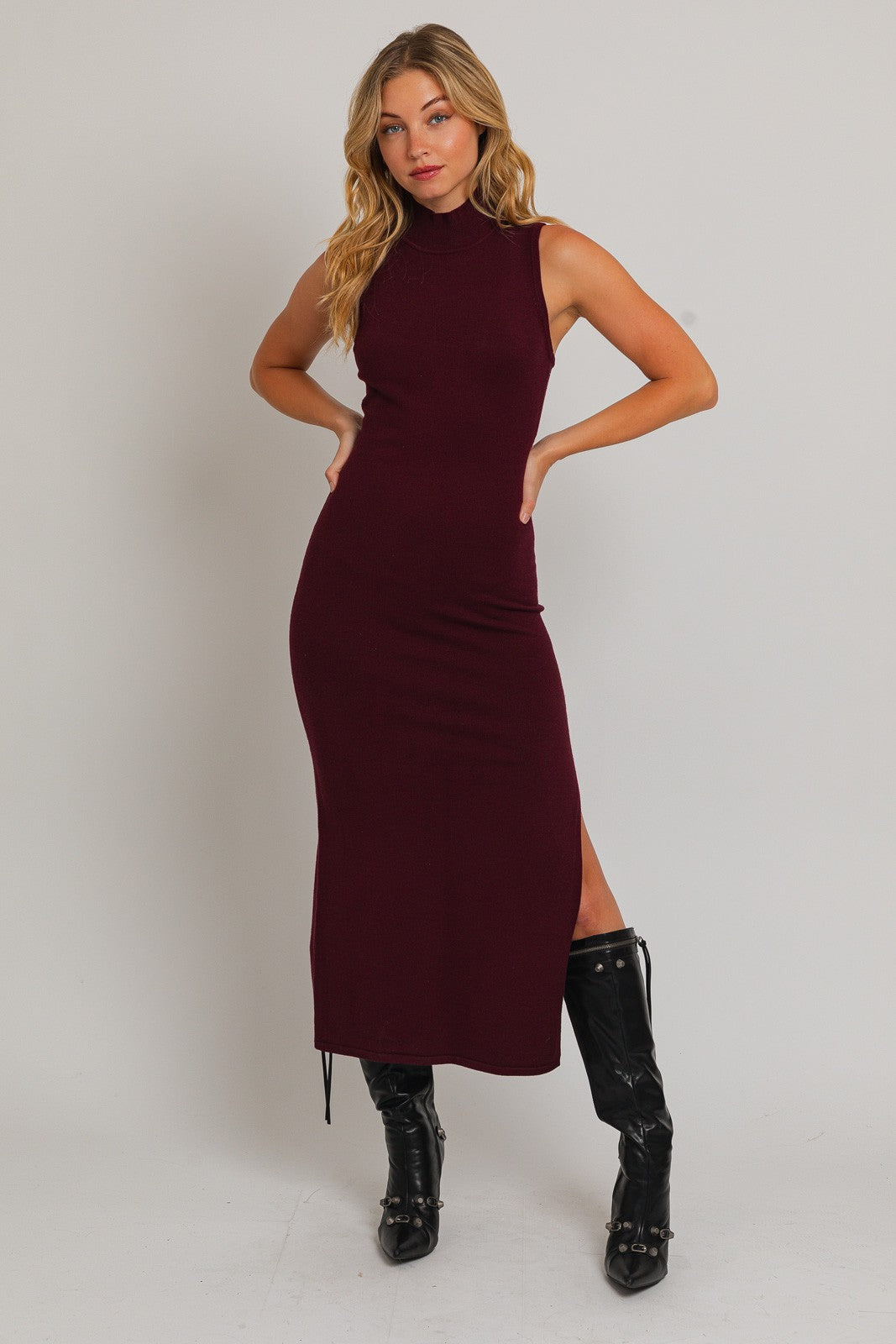 Burgundy Sleeveless Mock Neck Maternity Midi Dress