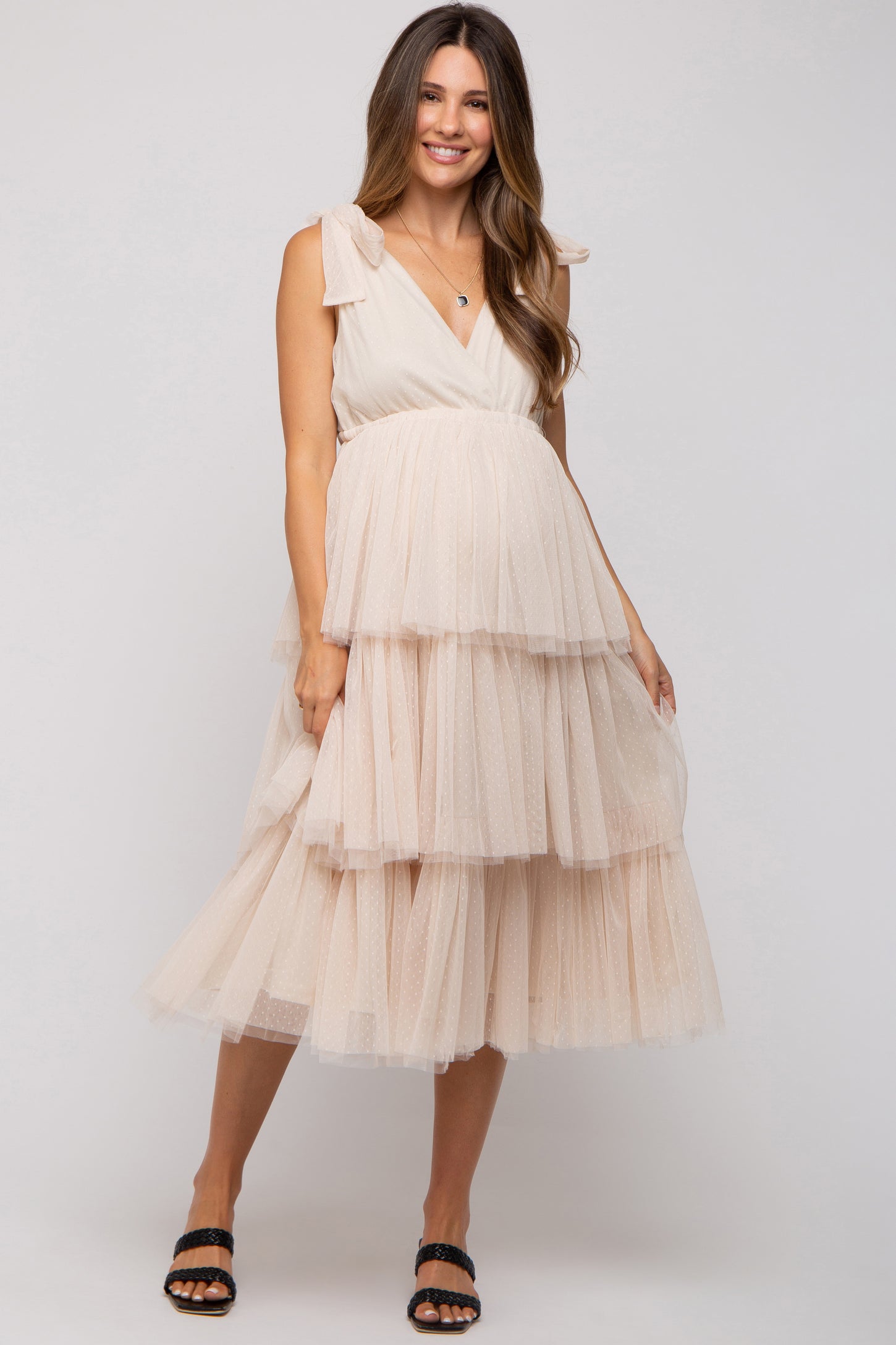 Cream Sleeveless Tiered Tie Strap Tulle Maternity Midi Dress