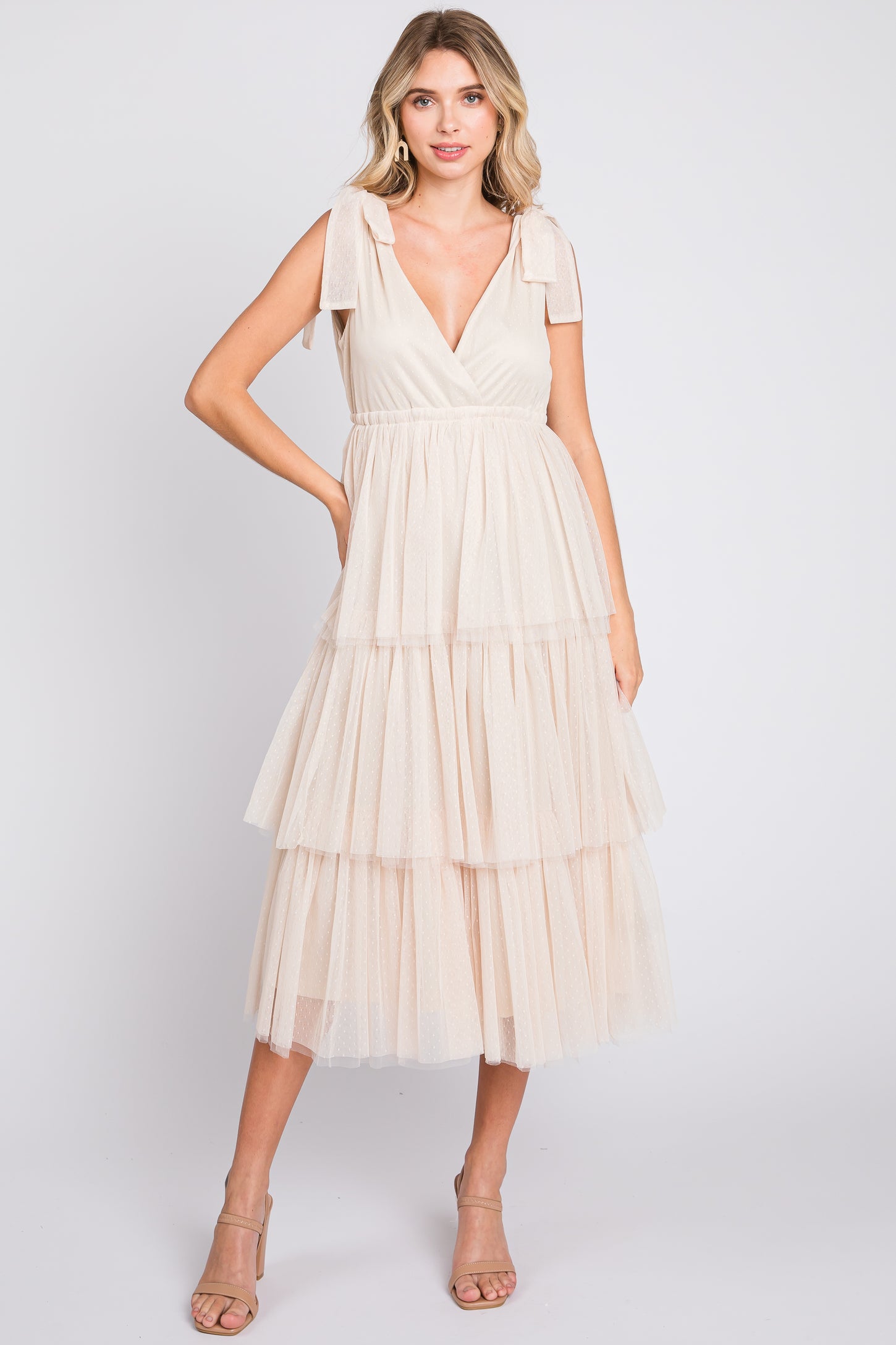 Cream Sleeveless Tiered Tie Strap Tulle Maternity Midi Dress