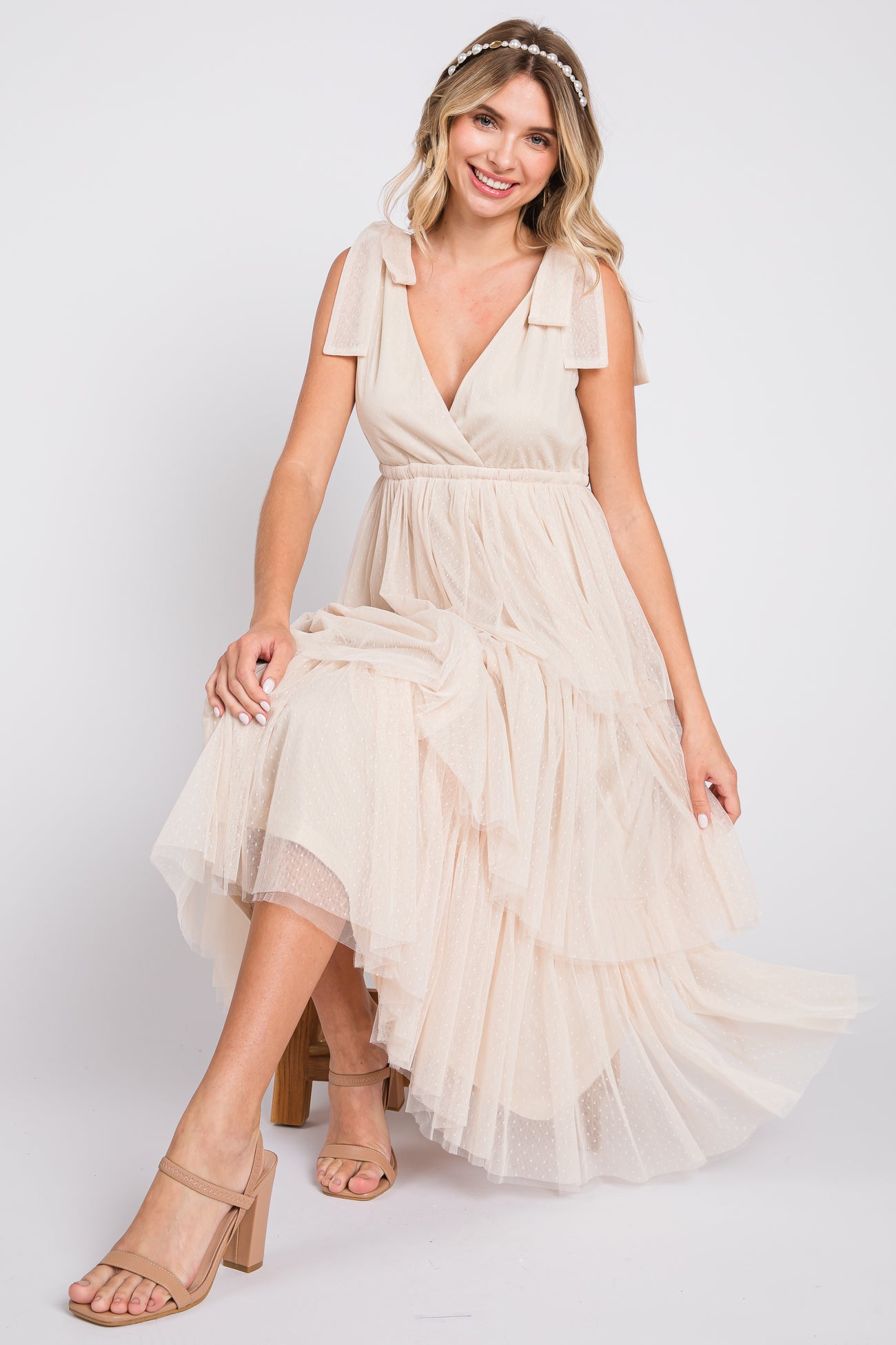 Cream Sleeveless Tiered Tie Strap Tulle Midi Dress