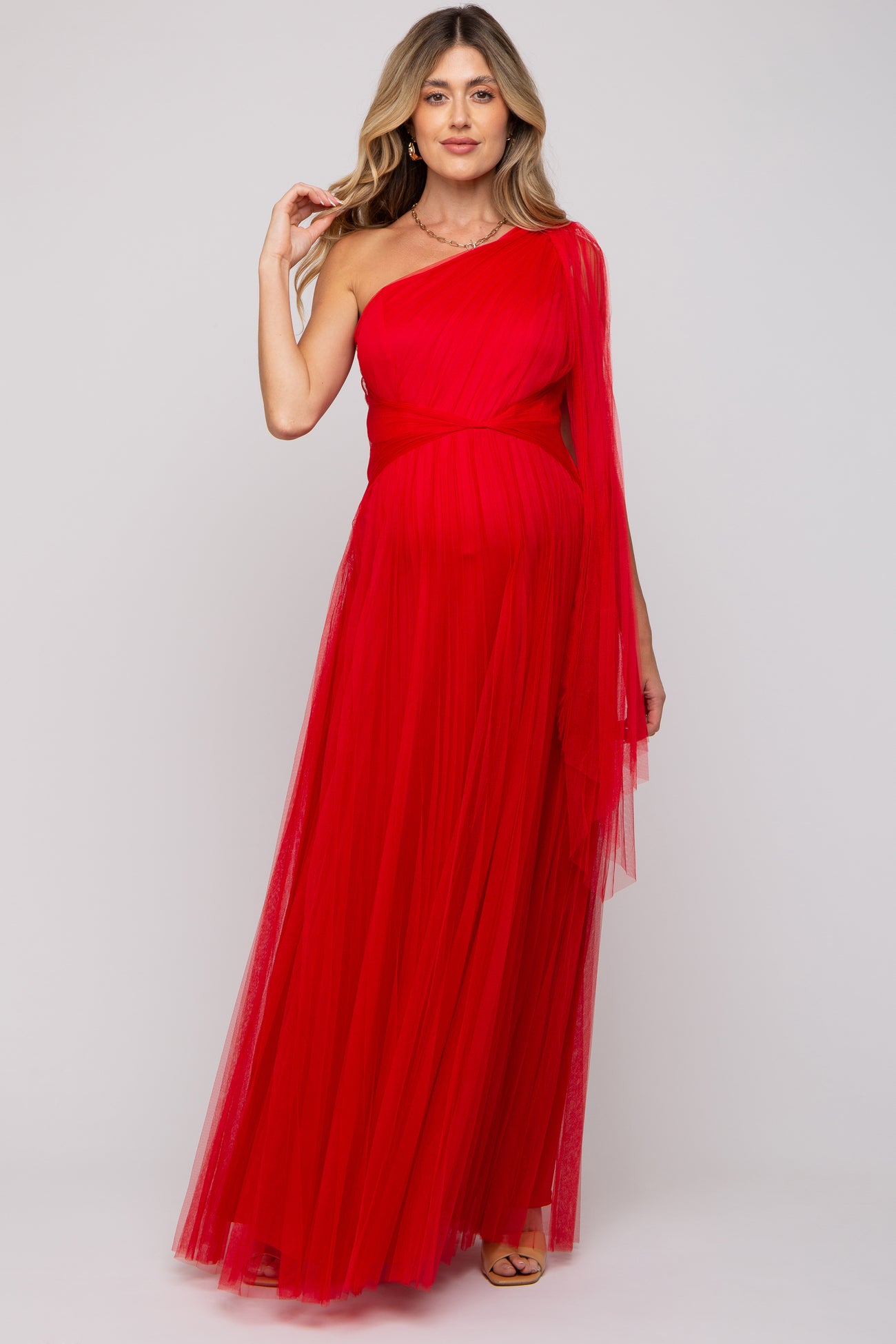 Red One Shoulder Pleated Mesh Maternity Gown