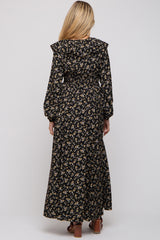Black Floral Ruffle V-Neck Wrap Front Maternity Maxi Dress