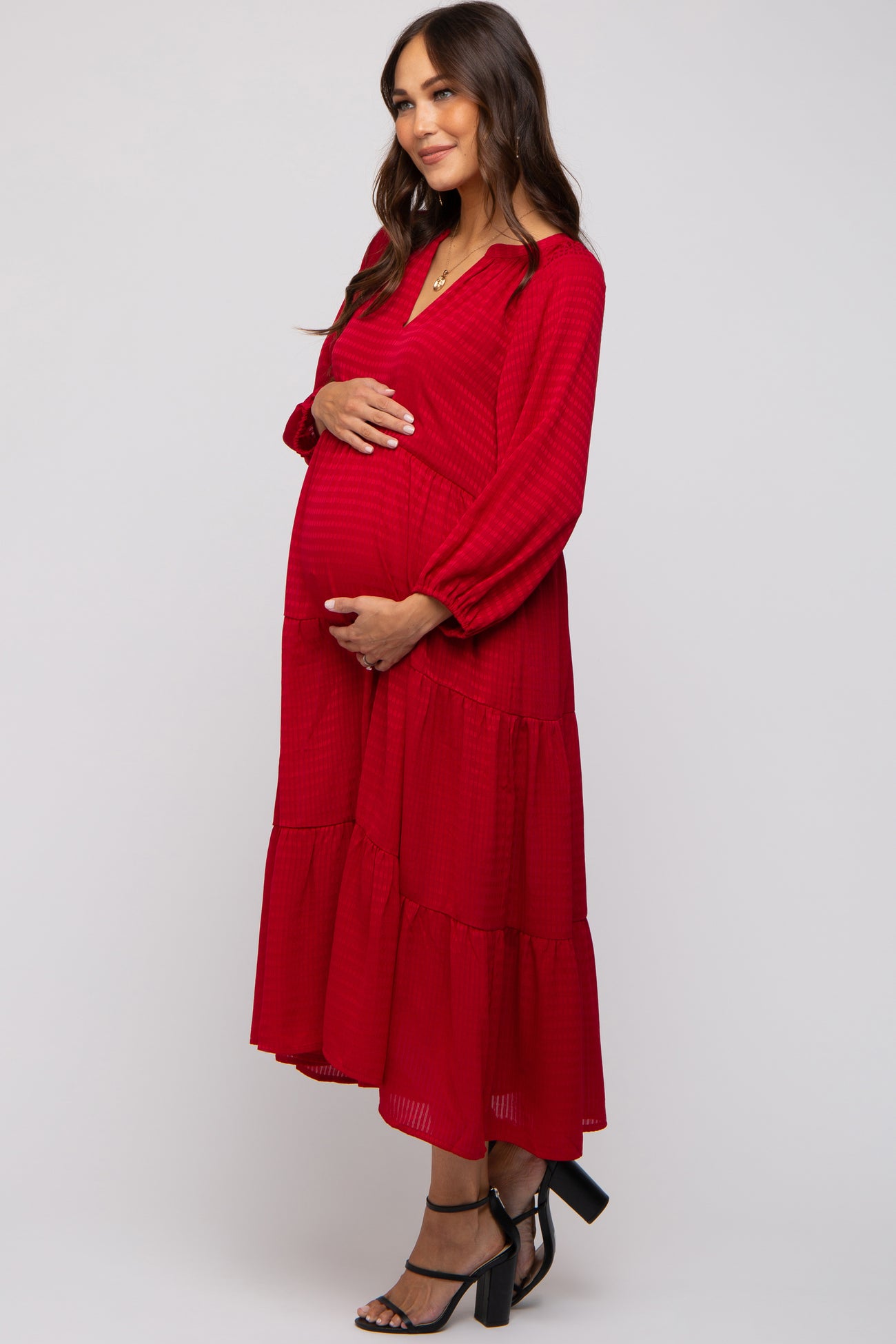 Red Textured Tiered Maternity Midi Dress