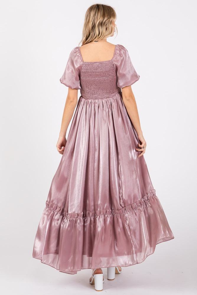 Mauve Satin Square Neck Short Puff Sleeve Maxi Dress