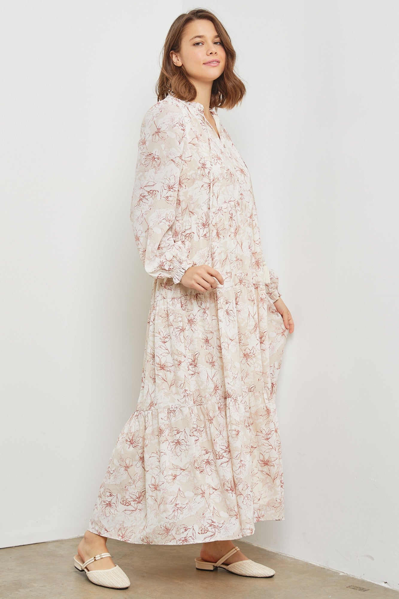 Rust Floral Tassel Tiered Long Sleeve Maternity Maxi Dress