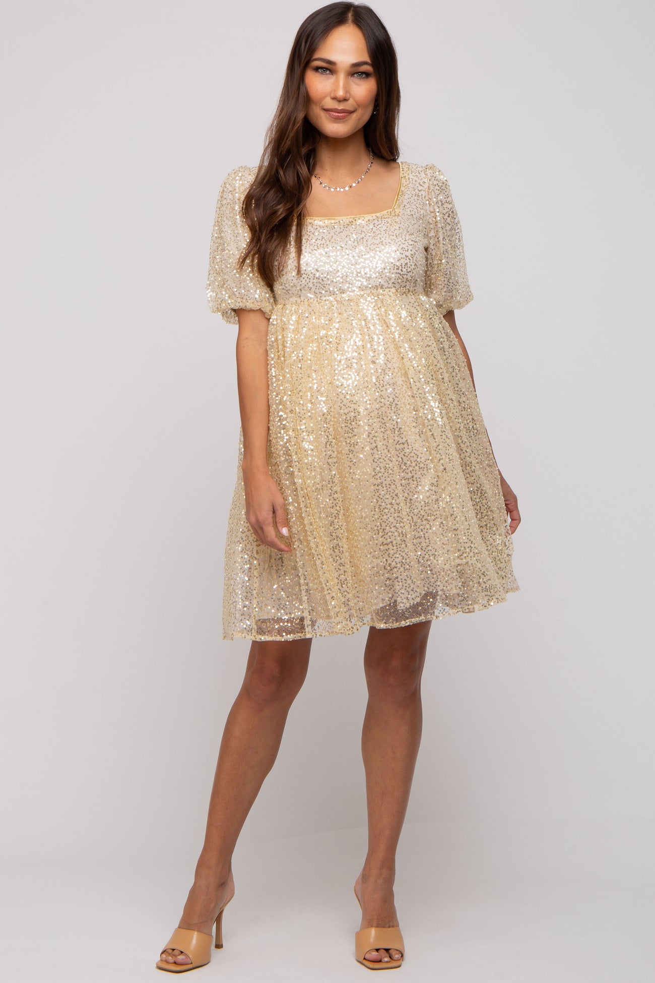 Gold Sequin Pearl Embellished Square Neck Babydoll Maternity Dress