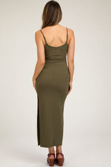 Olive Ribbed Sleeveless Side Slit Maternity Dress