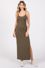 Olive Ribbed Sleeveless Side Slit Dress