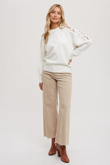 White Crochet Lace Shoulder Sweater