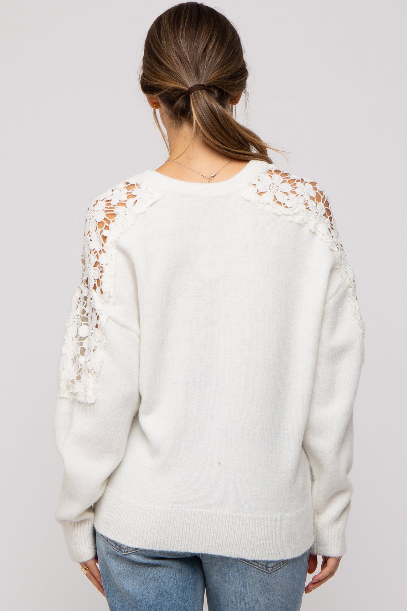 White Crochet Lace Shoulder Maternity Sweater