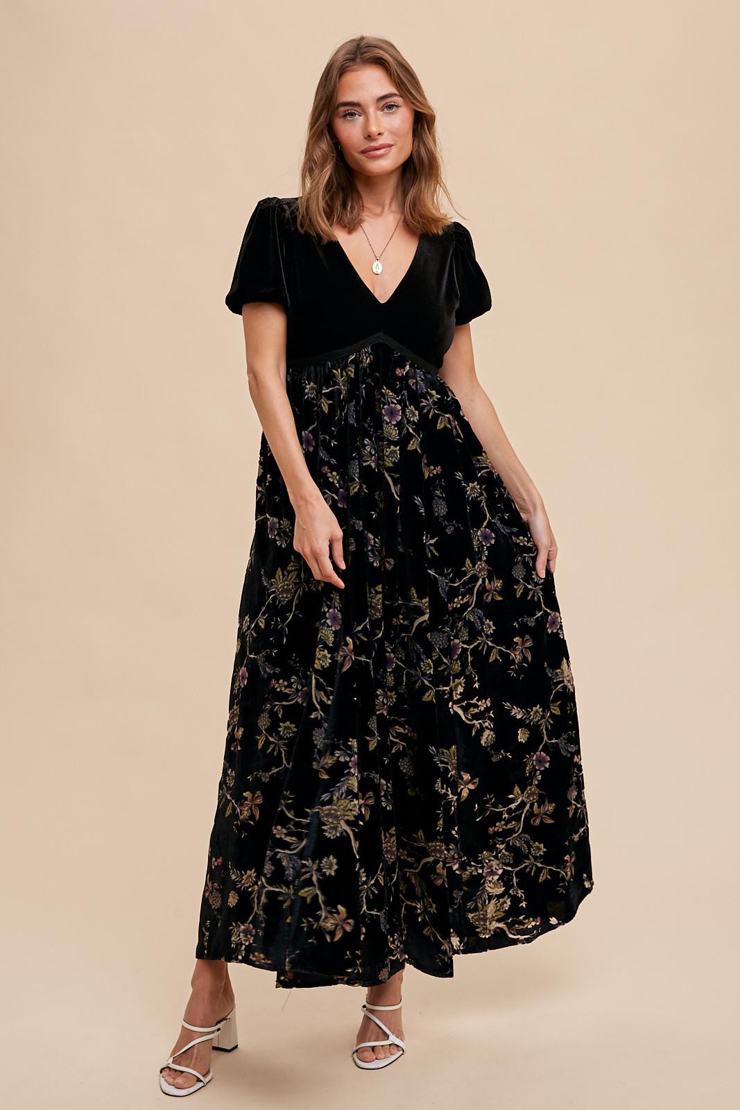 Black Floral Burnout Velvet Maternity Maxi Dress