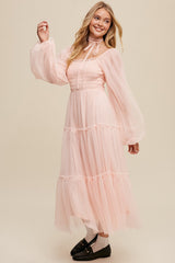 Light Pink Mesh Tiered Long Sleeve Maxi Dress