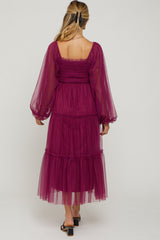 Burgundy Mesh Tiered Long Sleeve Maternity Maxi Dress