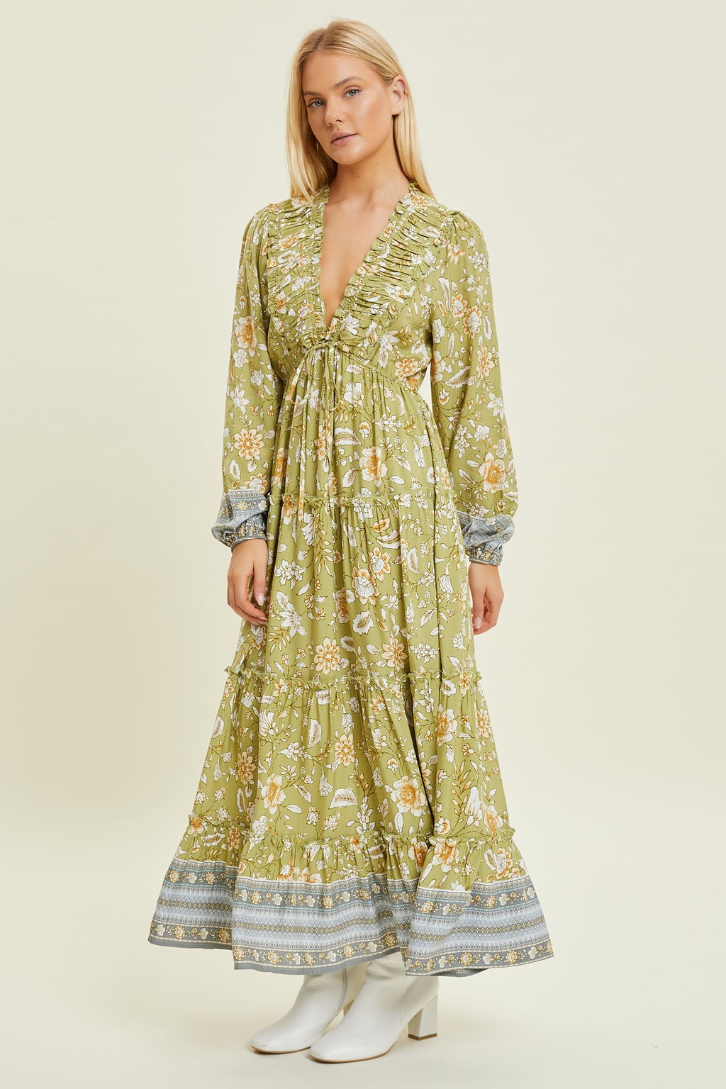 Light Green Floral Deep V-Neck Long Sleeve Midi Dress