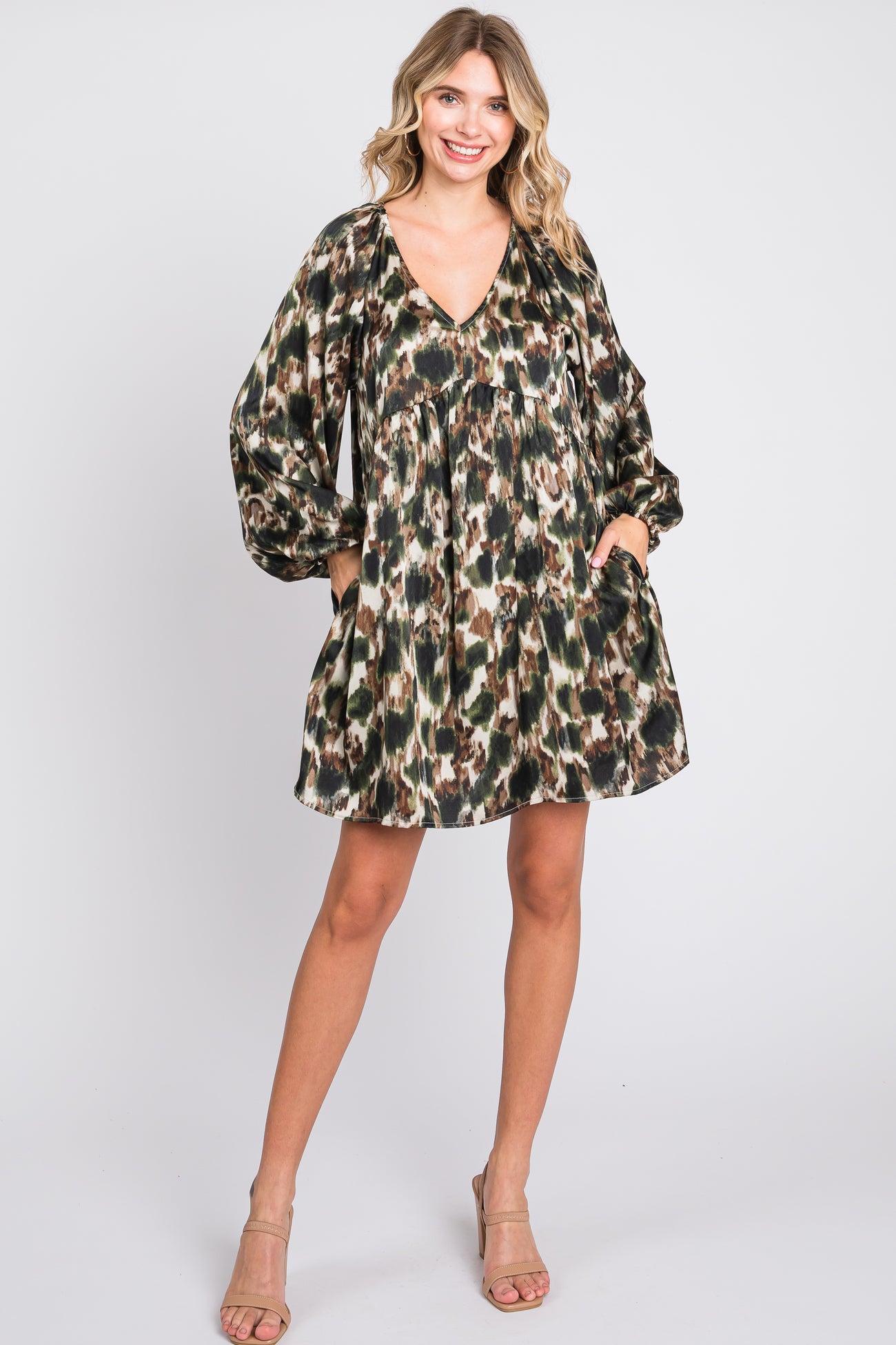 Olive Printed Long Sleeve Dress