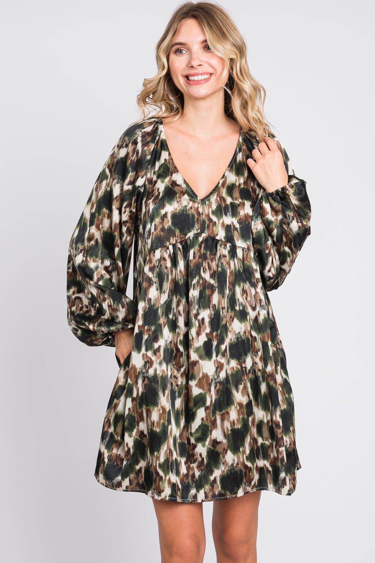 Olive Printed Long Sleeve Dress
