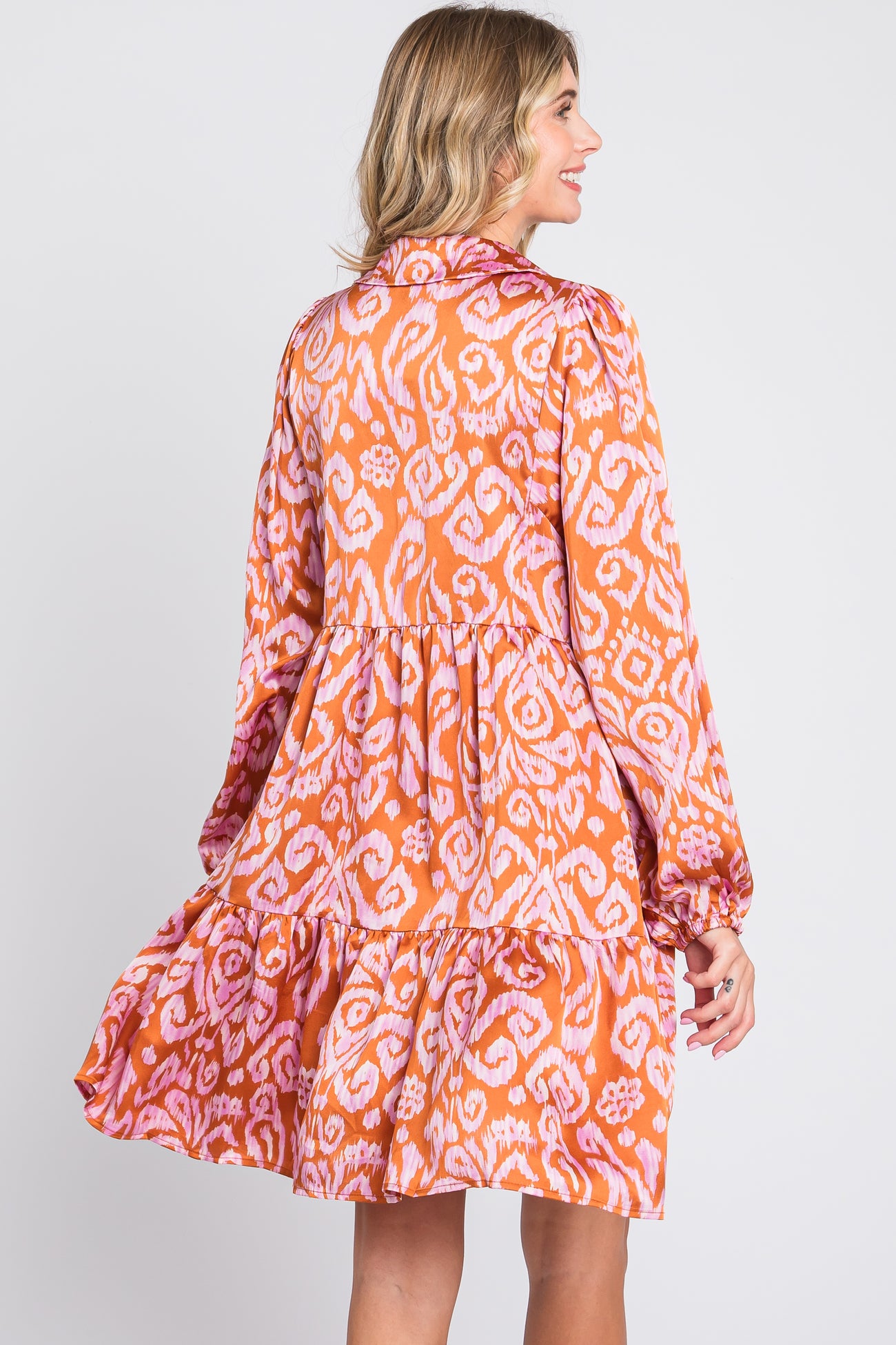 Rust Print Collared Puff Sleeve Dress