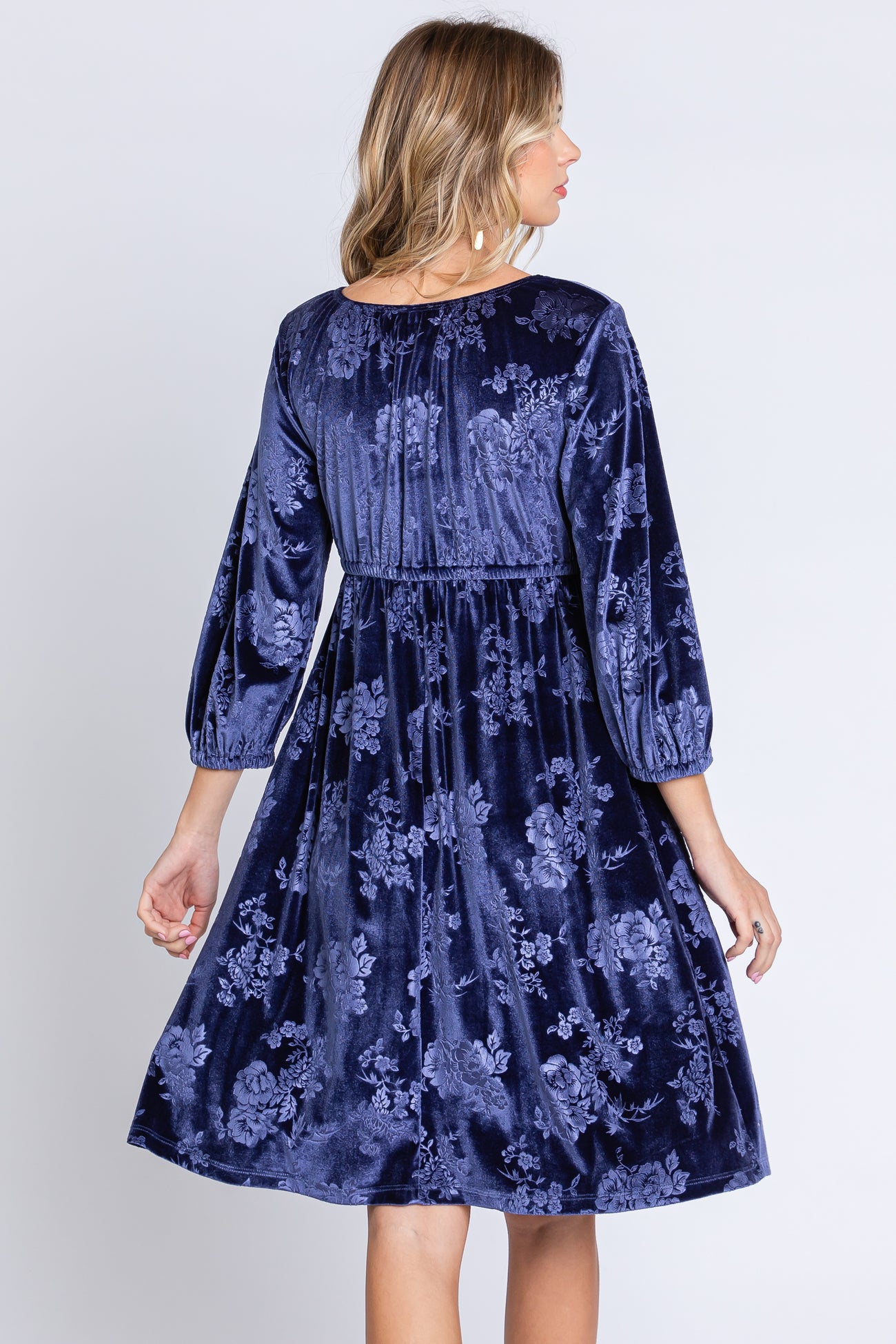 Navy Velvet Floral Ruched Neck Dress