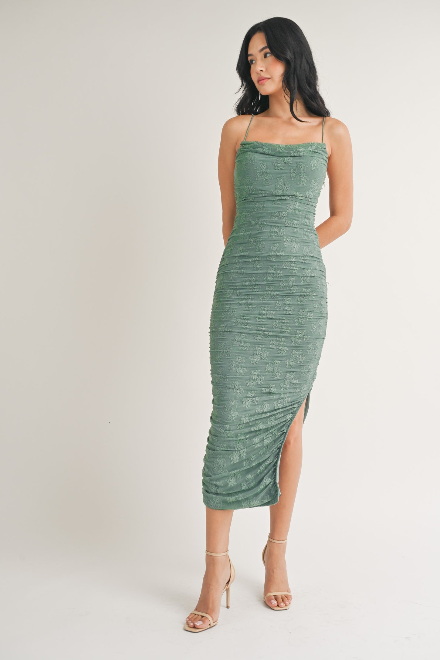 Sage Floral Lace Ruched Cross Back Midi Dress