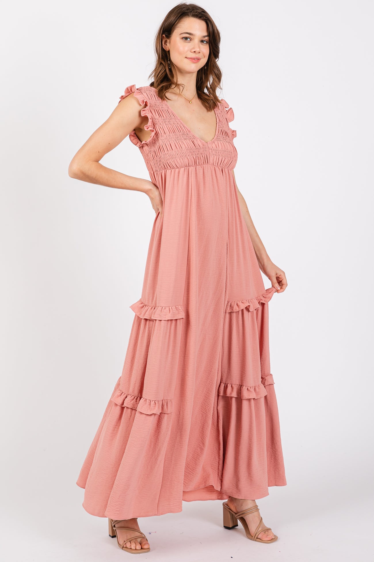 Mauve Smocked Ruffle V-Neck Maxi Dress