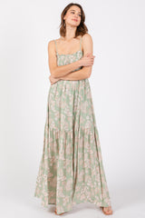 Light Olive Floral Sweetheart Smocked Front Cutout Maxi Dress
