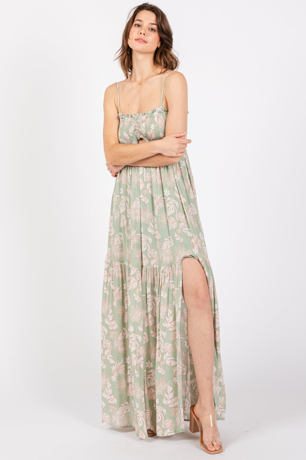 Light Olive Floral Sweetheart Smocked Front Cutout Maxi Dress