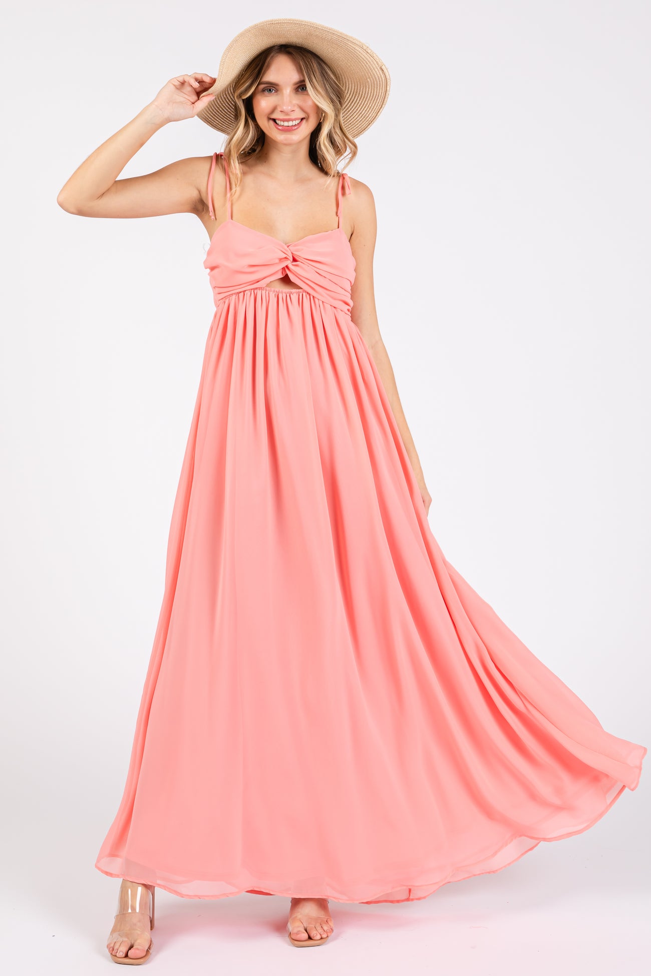 Peach Chiffon Sleeveless Cutout Front Maternity Maxi Dress