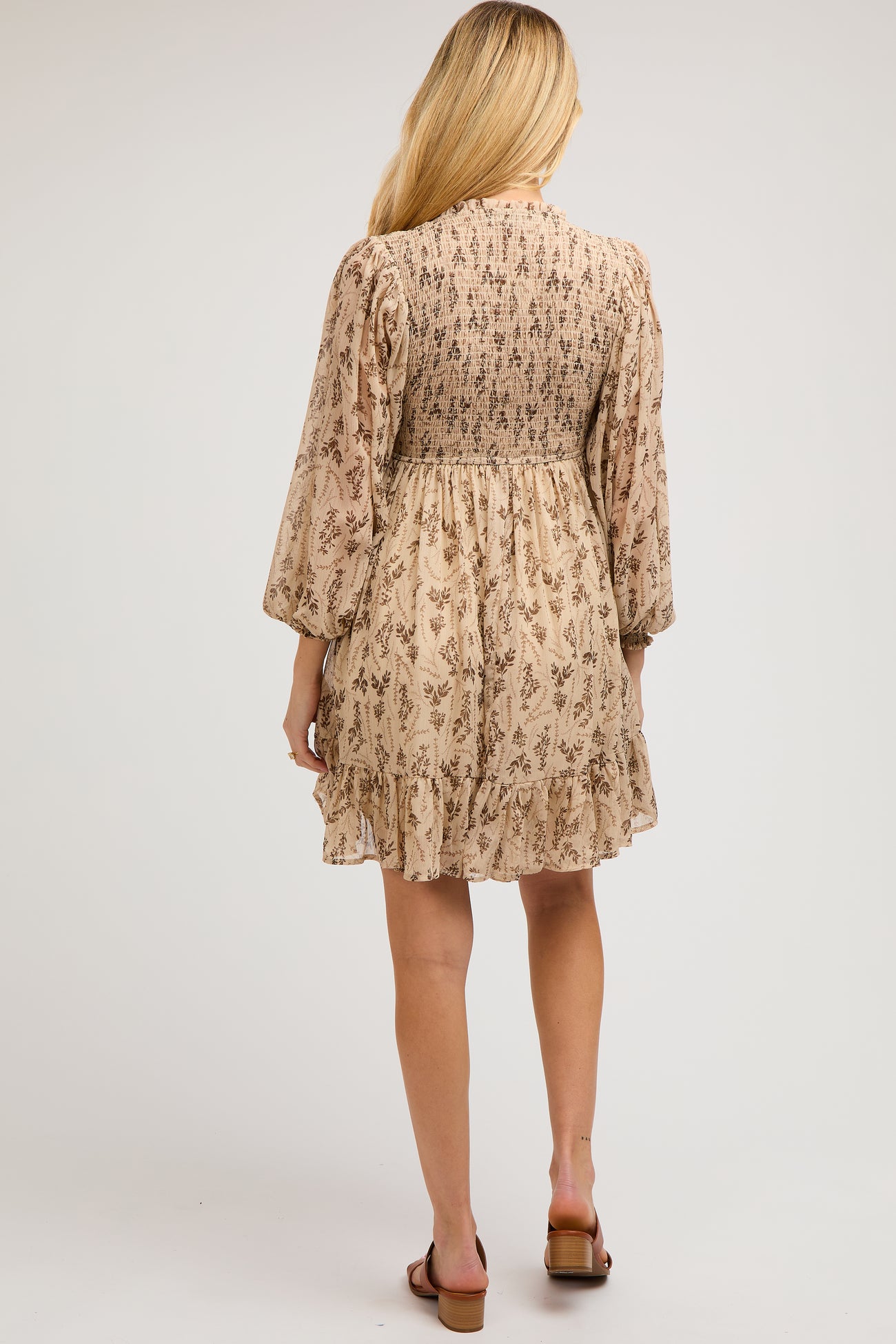 Taupe Floral Smocked Long Sleeve Maternity Dress