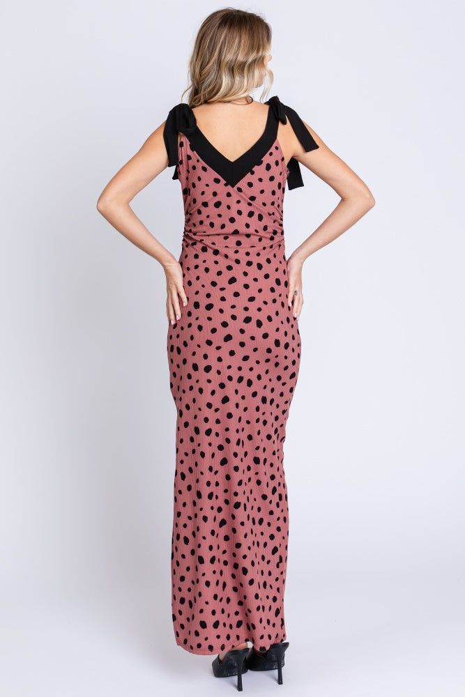 Mauve Ribbed Polka Dot Shoulder Tie Maxi Dress