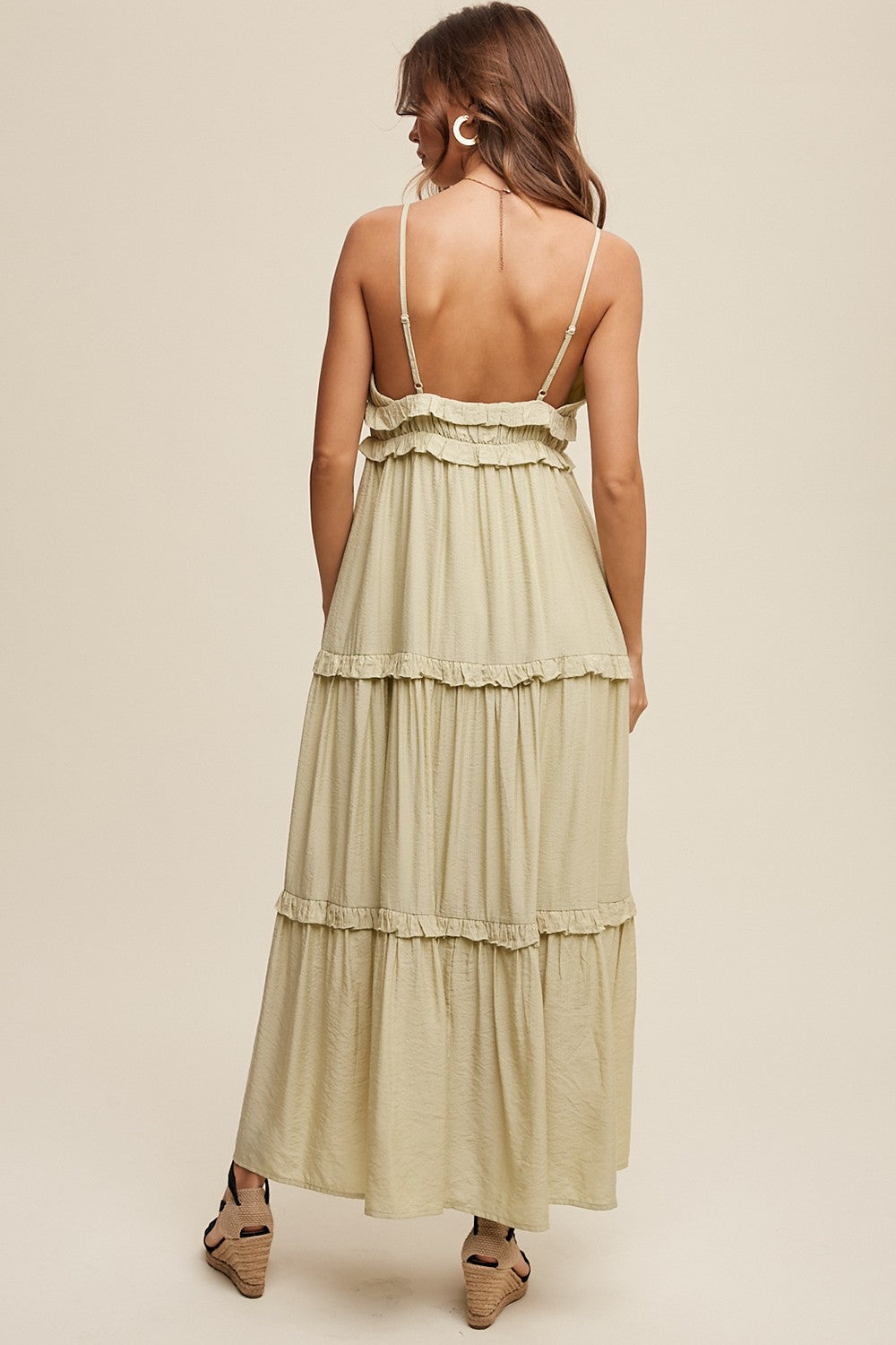 Light Olive Striped Ruffle Tiered Maxi Dress