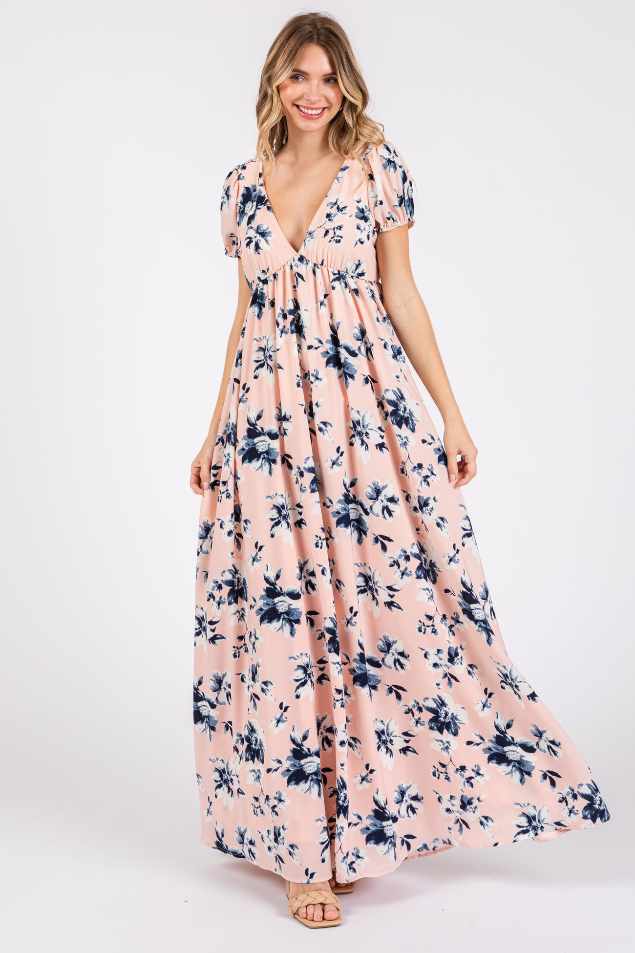 Light Pink Floral V-Neck Puff Sleeve Maternity Maxi Dress