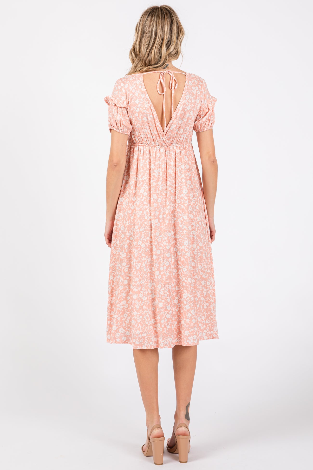 Peach Floral V-Neck Short Sleeve Dress