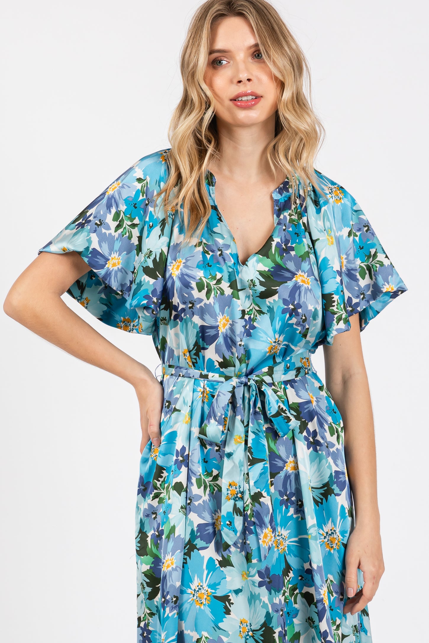 Blue Floral V-Neck Short Puff Sleeve Tie Waist Satin Midi Dress