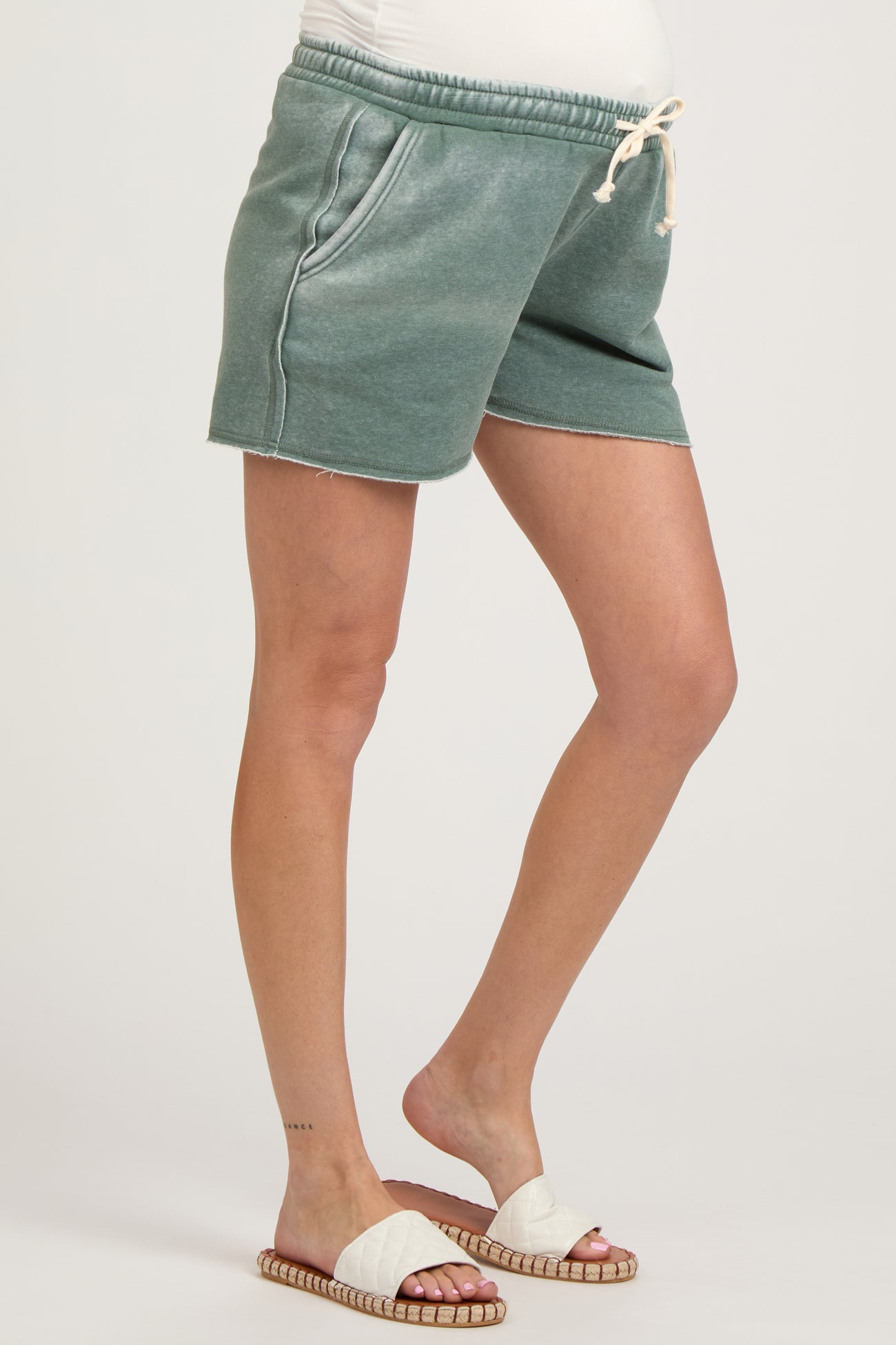 Green Faded Wash Maternity Drawstring Shorts