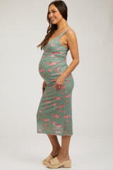 Light Olive Floral Mesh Ruched Sleeveless Maternity Midi Dress