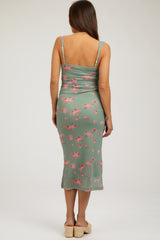 Light Olive Floral Mesh Ruched Sleeveless Maternity Midi Dress