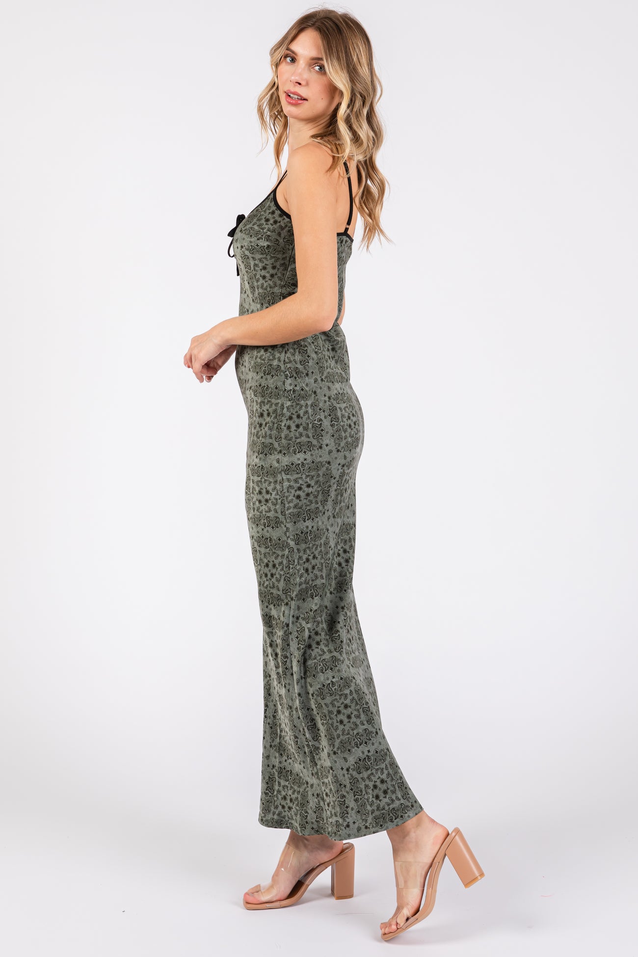 Light Olive Floral Paisley Velvet Tie Satin Midi Dress