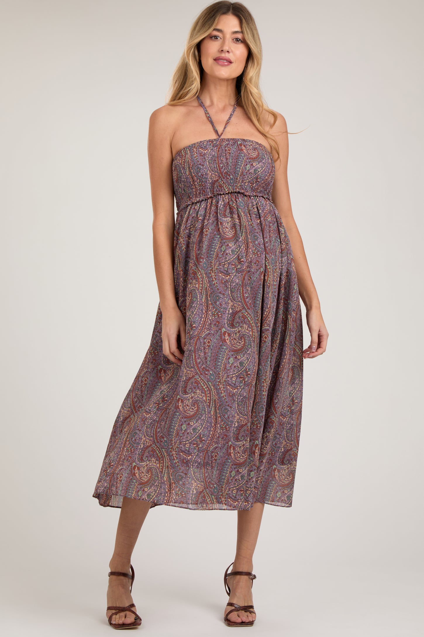Purple Paisley Halter Smocked Maternity Midi Dress