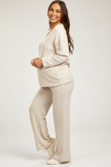 Cream Ribbed Soft Knit Long Sleeve Maternity Pajama Set