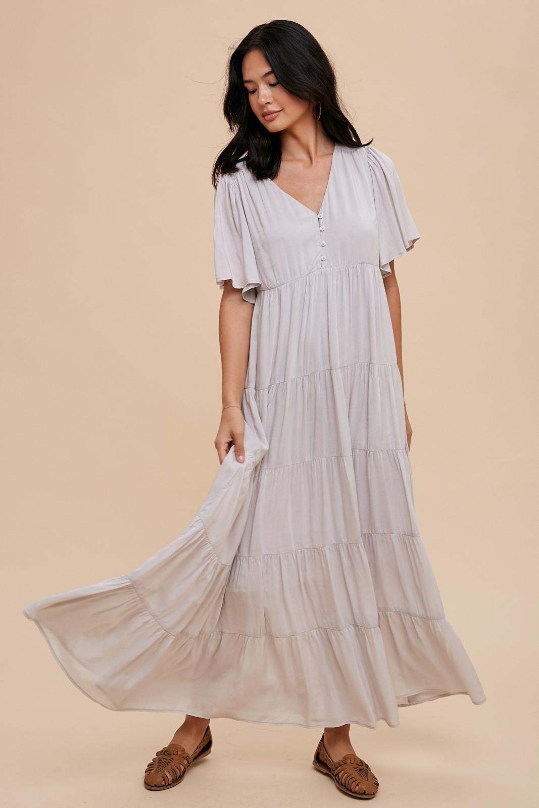 Grey Button Detail Tiered Maxi Dress