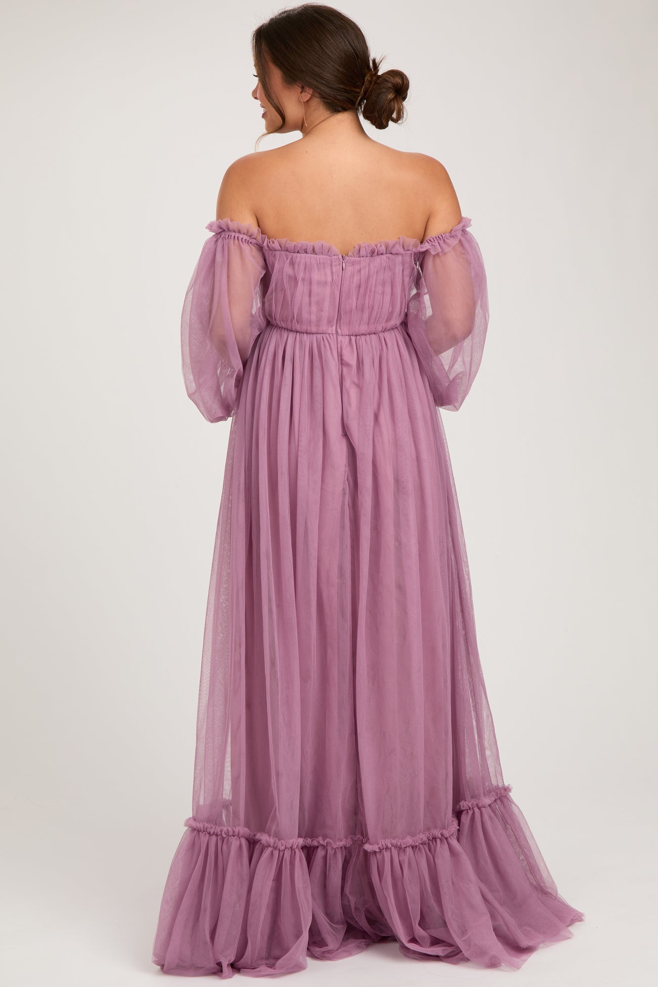 Mauve Sweetheart Neck Off Shoulder Long Sleeve Tulle Maternity Maxi Dress